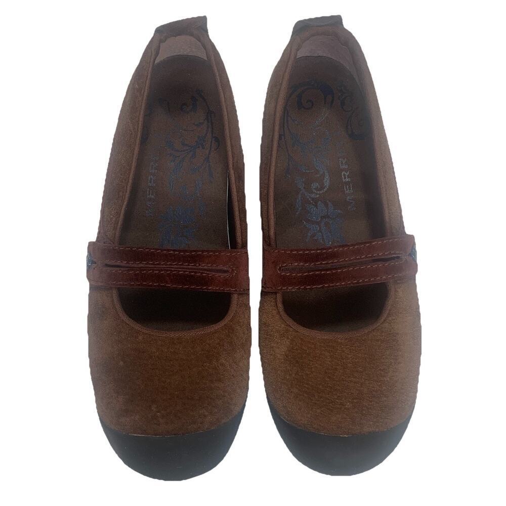 MERRELL Plaza Bandeau Mary Jane Women 9.5 Cherry Oak Brown Suede Slip-On EUC